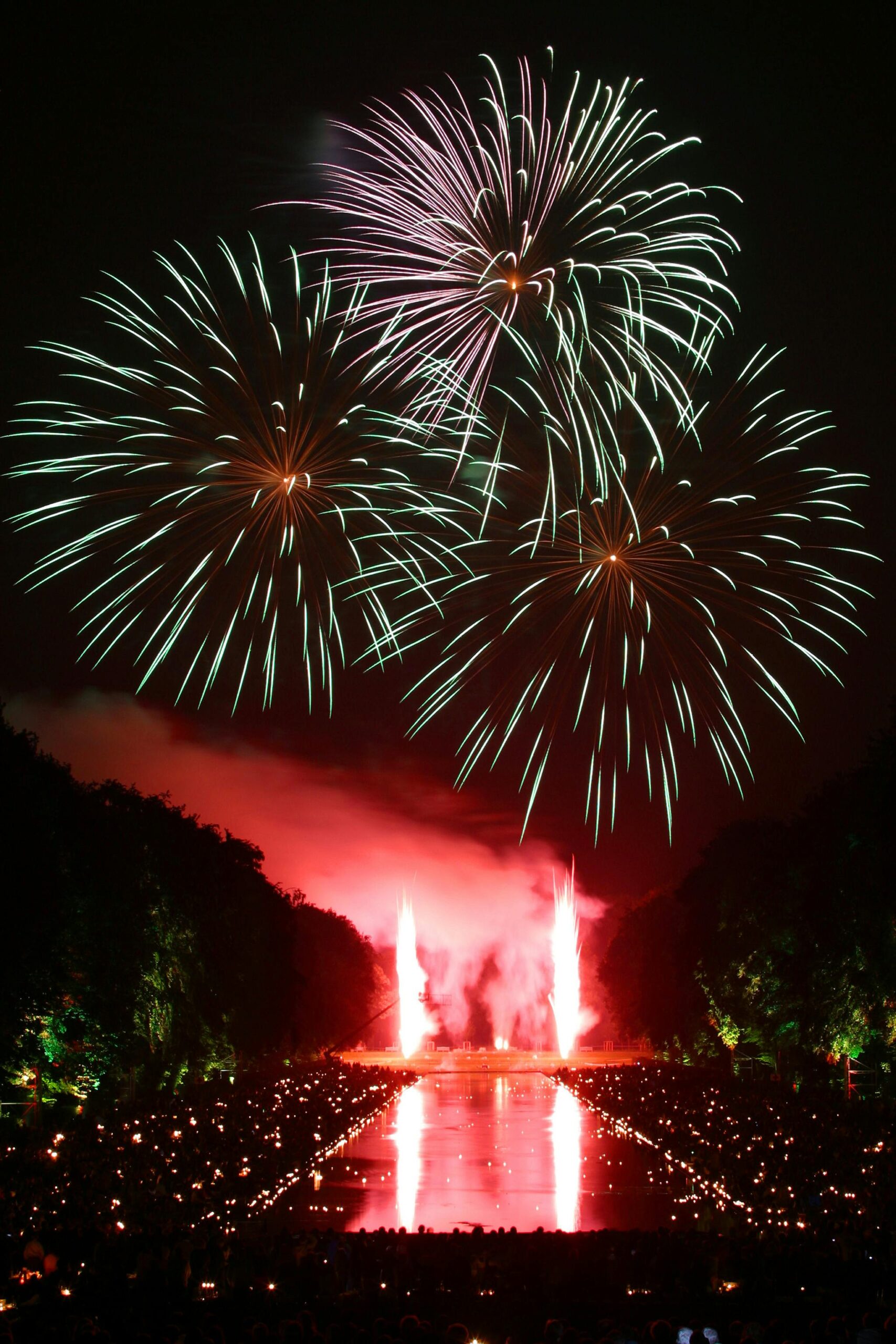 Dazzling fireworks illuminate the night sky with reflections on water, perfect for festive occasions.